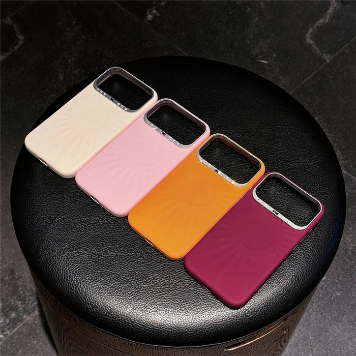 For iPhone 17 Pro Max Case Compatible with MagSafe Sun Pattern Rhinestone Metal Camera Frame Liquid Silicone Phone Cover - Pink - 7
