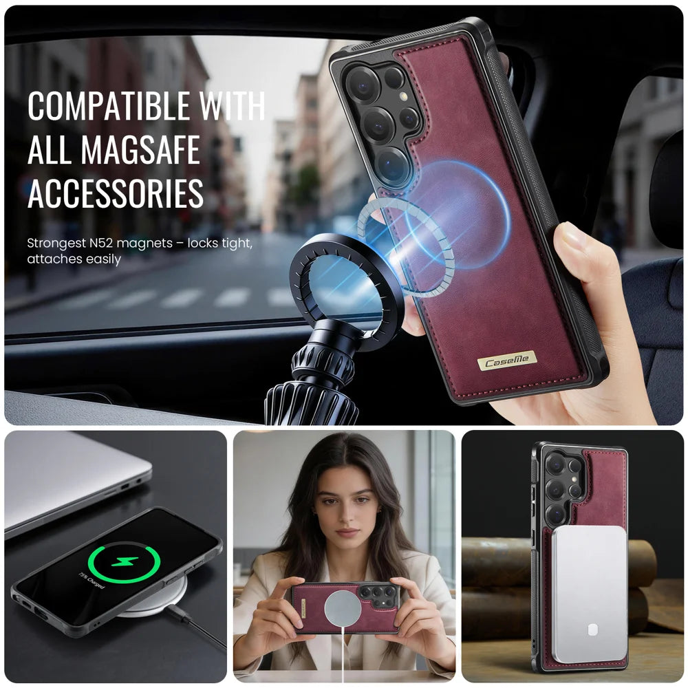 CaseMe For Samsung Galaxy S25 Ultra C69 Series Magnetic Case Leather Coated TPU Phone Cover - Red - 5