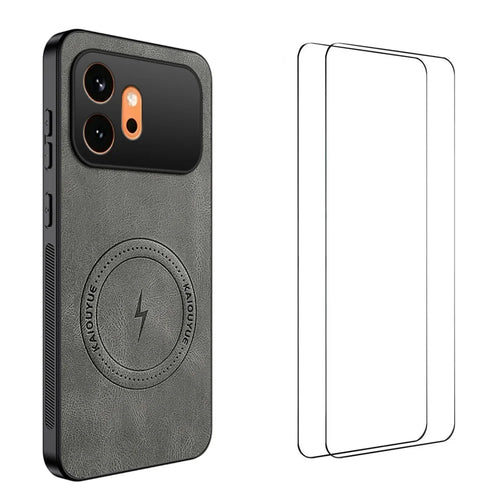WANLONFENG For Honor 600 5G SD Series Magnetic Case Nappa Texture PC TPU Phone Cover with 2Pcs Screen Film - Grey - 1