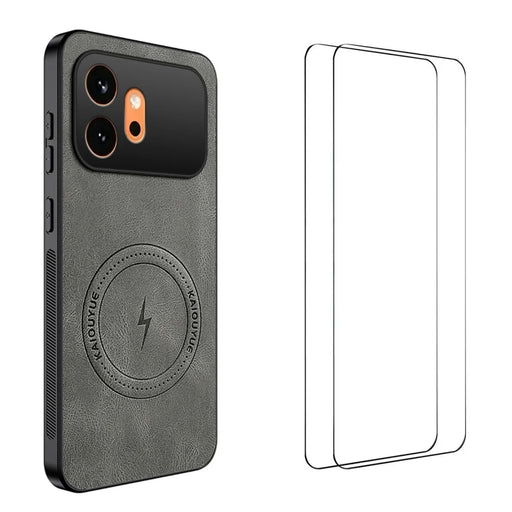 WANLONFENG For Honor 600 5G SD Series Magnetic Case Nappa Texture PC TPU Phone Cover with 2Pcs Screen Film - Grey - 1