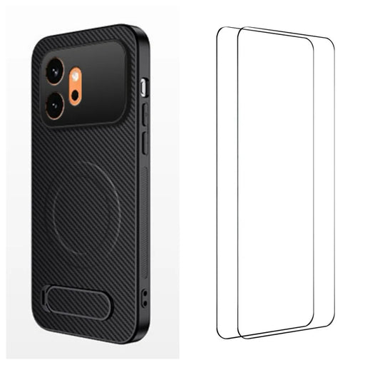 WANLONFENG For Honor 600 5G QT1 Series Magnetic Case with 2Pcs Tempered Glass Films Kickstand Carbon Fiber Texture PC TPU Phone Cover - Black - 1