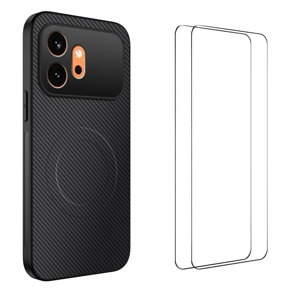 WANLONFENG For Honor 600 5G TQ1 Series Magnetic Case Carbon Fiber Texture PC TPU Phone Cover with 2Pcs Screen Films - Black - 1