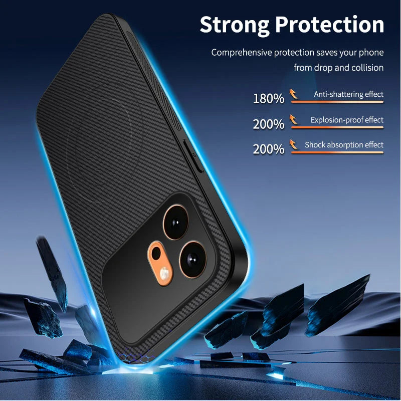 WANLONFENG For Honor 600 5G TQ1 Series Magnetic Case Carbon Fiber Texture PC TPU Phone Cover with 2Pcs Screen Films - Black - 2