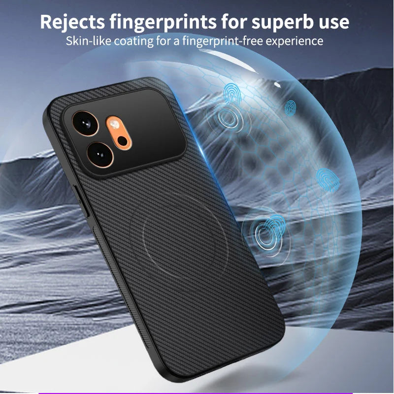 WANLONFENG For Honor 600 5G TQ1 Series Magnetic Case Carbon Fiber Texture PC TPU Phone Cover with 2Pcs Screen Films - Black - 5