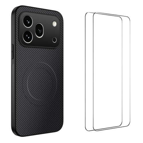 WANLONFENG For Honor 600 Pro 5G TQ1 Series Magnetic Case Carbon Fiber Texture PC TPU Phone Cover with 2Pcs Screen Films - Black - 1