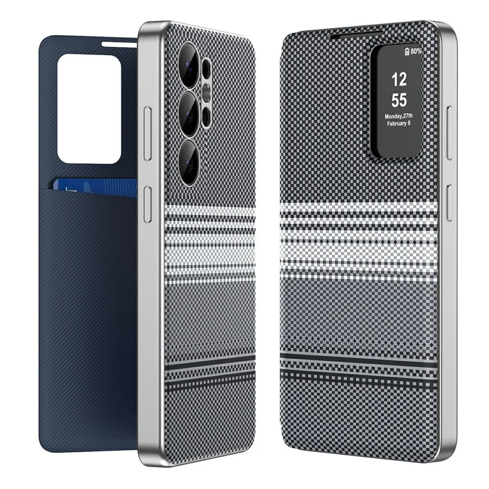 For Samsung Galaxy S24 Ultra Case Card Slot View Window Gradient Color Checkered Pattern Leather Phone Cover - Black - 1