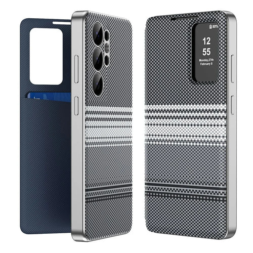 For Samsung Galaxy S25 Ultra Case Card Slot View Window Gradient Color Checkered Pattern Leather Phone Cover - Black - 1