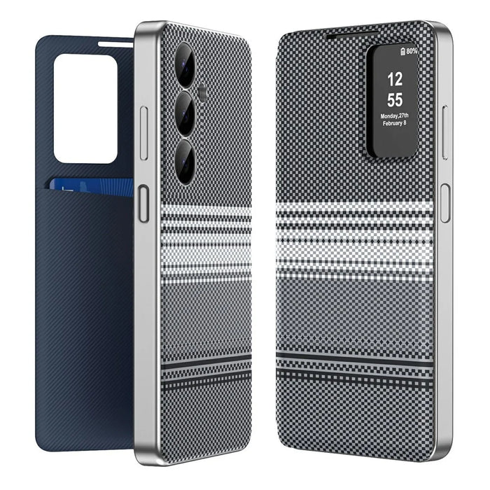 For Samsung Galaxy A16 5G  /  A16 4G Case Card Slot View Window Gradient Color Checkered Pattern Leather Phone Cover - Black - 1