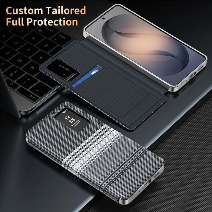 For Samsung Galaxy A16 5G  /  A16 4G Case Card Slot View Window Gradient Color Checkered Pattern Leather Phone Cover - Black - 3