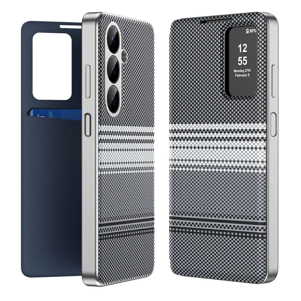 Leather Case for Samsung Galaxy A26 5G  /  A17 5G  /  A17 4G Card Slot View Window Gradient Color Checkered Pattern Phone Cover - Black - 1