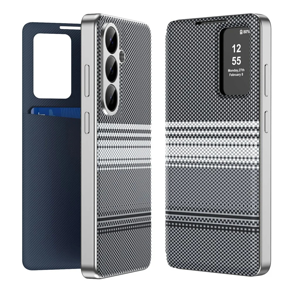 For Samsung Galaxy A56 5G  /  A36 5G Case Card Slot View Window Gradient Color Checkered Pattern Leather Phone Cover - Black - 1