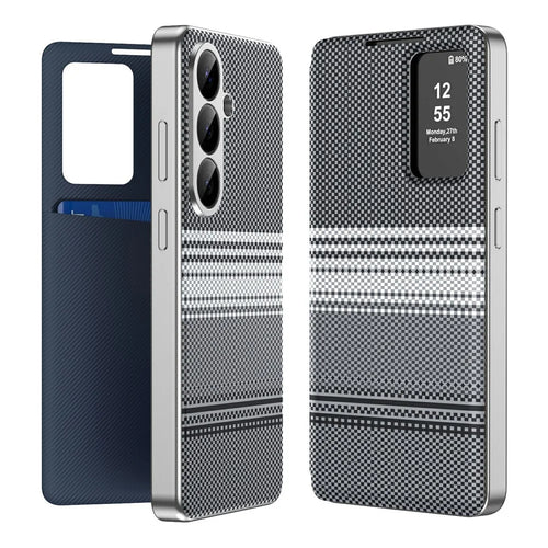 For Samsung Galaxy A56 5G  /  A36 5G Case Card Slot View Window Gradient Color Checkered Pattern Leather Phone Cover - Black - 1
