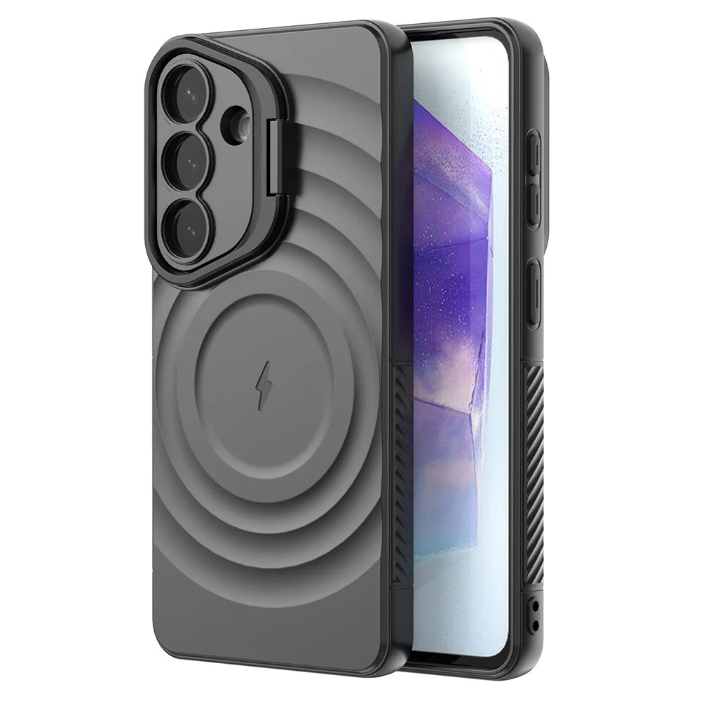 For Samsung Galaxy S26 Magnetic Case PC Kickstand Ripple Texture TPU Phone Cover - Black - 2