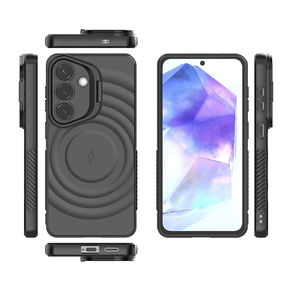 For Samsung Galaxy S26 Magnetic Case PC Kickstand Ripple Texture TPU Phone Cover - Black - 6