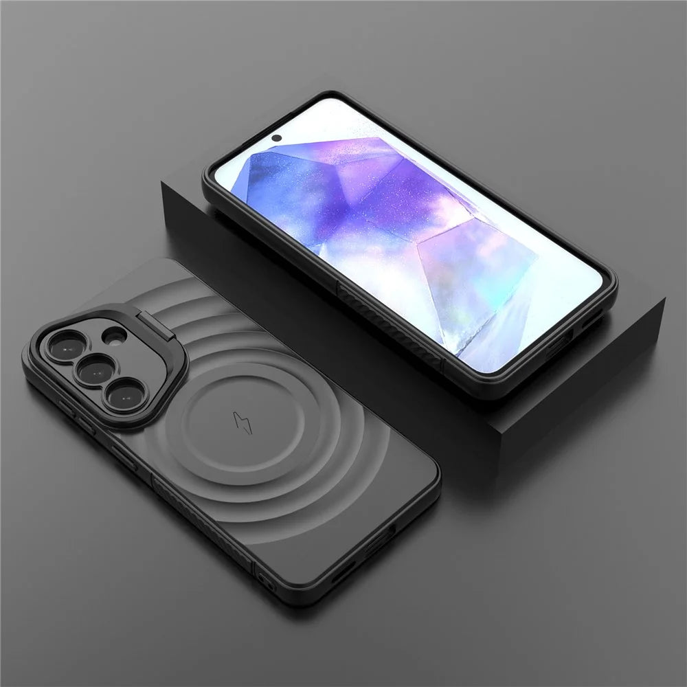 For Samsung Galaxy S26 Magnetic Case PC Kickstand Ripple Texture TPU Phone Cover - Black - 7