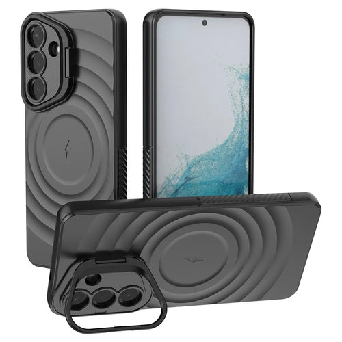 For Samsung Galaxy S26+ Magnetic Case PC Kickstand Ripple Texture TPU Phone Cover - Black - 1