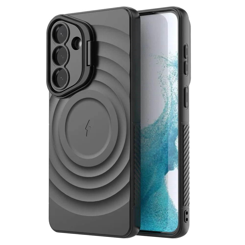 For Samsung Galaxy S26+ Magnetic Case PC Kickstand Ripple Texture TPU Phone Cover - Black - 2