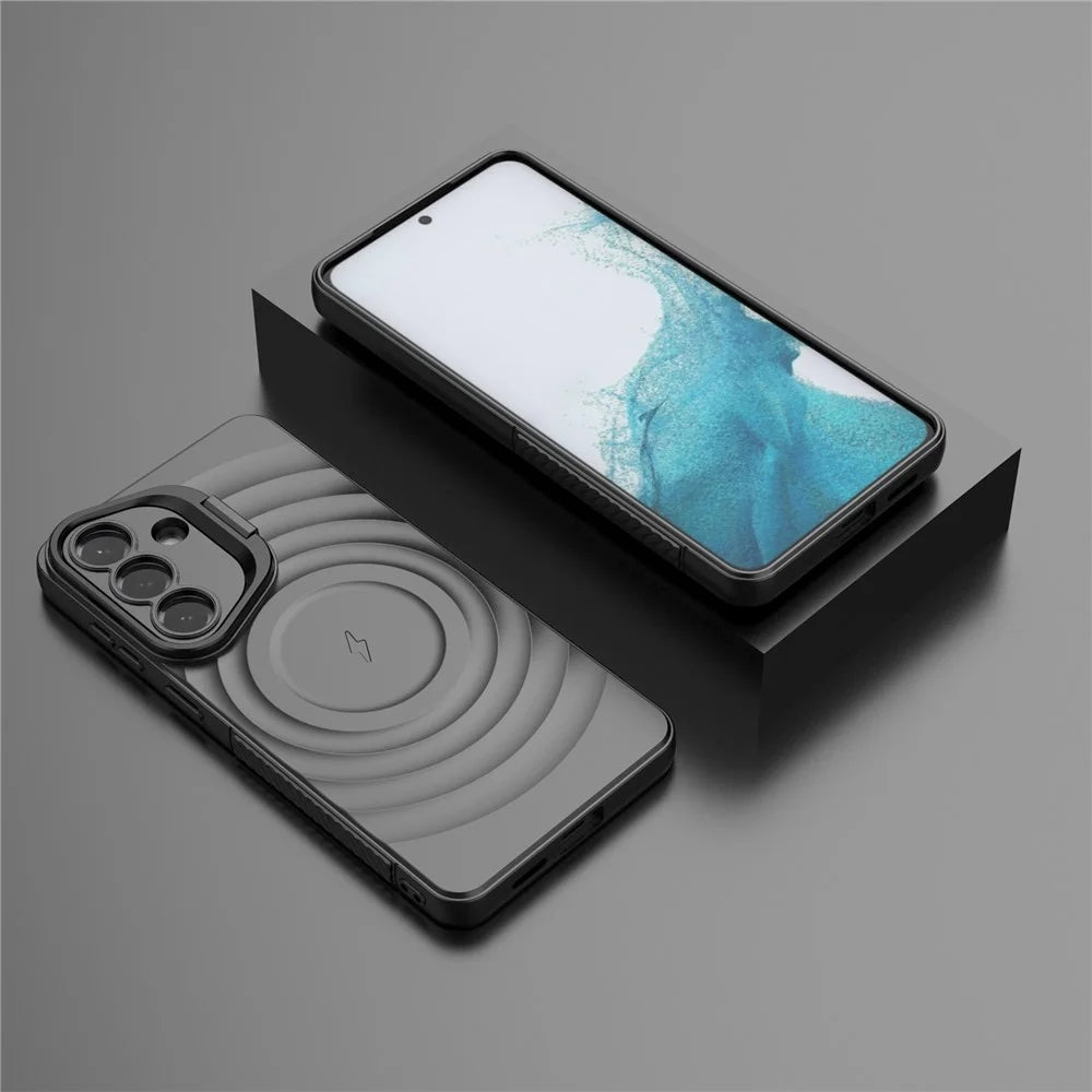 For Samsung Galaxy S26+ Magnetic Case PC Kickstand Ripple Texture TPU Phone Cover - Black - 7