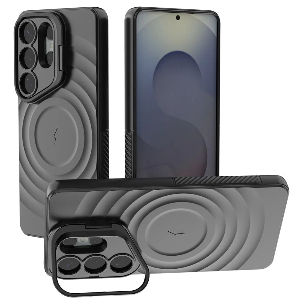 For Samsung Galaxy S26 Ultra Case PC Kickstand Ripple Texture TPU Phone Cover - Black - 1