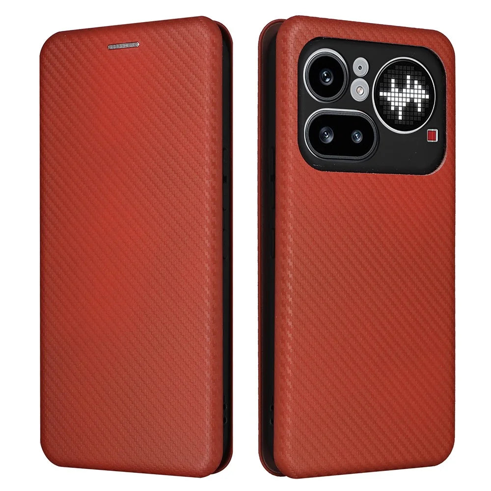 For Nothing Phone (4a) Pro Case Carbon Fiber Texture Drop-Proof PU Leather Phone Cover - Brown - 1