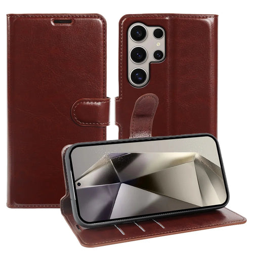 For Samsung Galaxy S24 Ultra Wallet Case Crazy Horse Texture Leather Flip Phone Cover with Magnetic Closure - Brown - 1