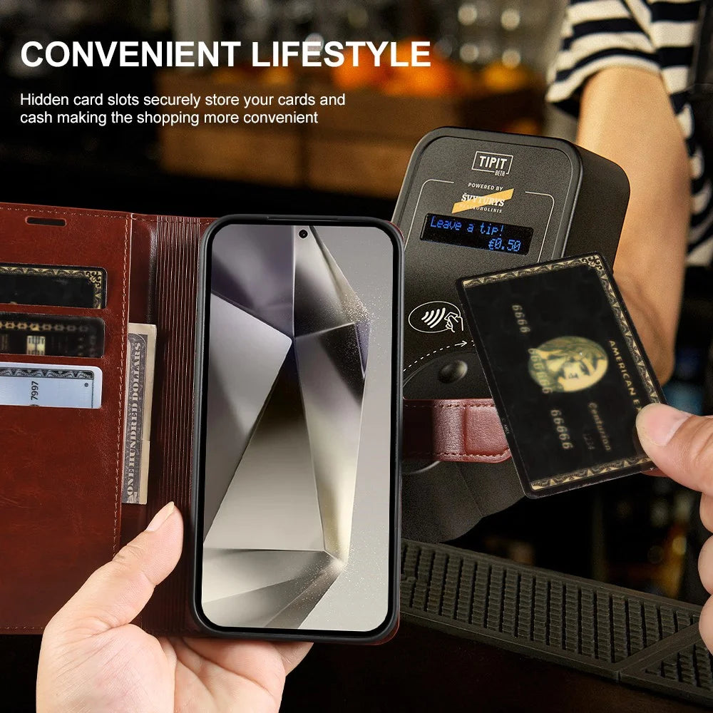 For Samsung Galaxy S24 Ultra Wallet Case Crazy Horse Texture Leather Flip Phone Cover with Magnetic Closure - Brown - 4