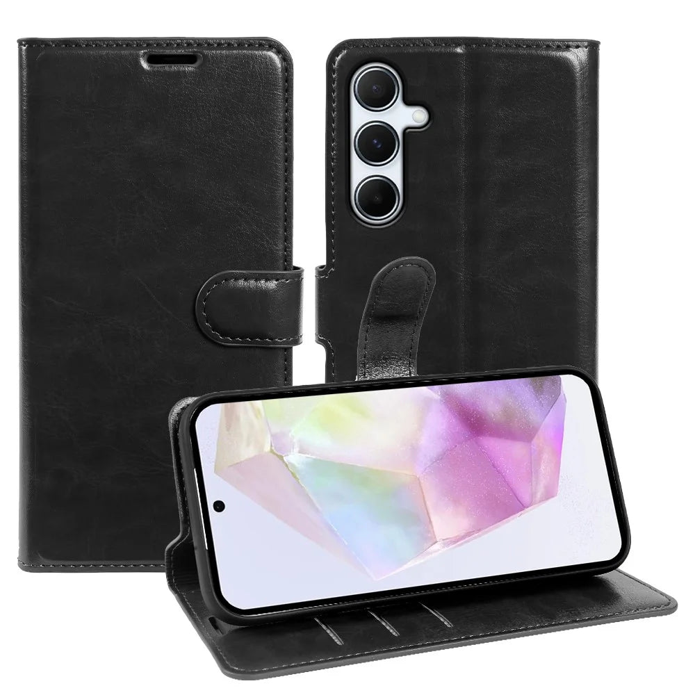 For Samsung Galaxy A55 5G Wallet Case Crazy Horse Texture Leather Flip Phone Cover with Magnetic Closure - Black - 1