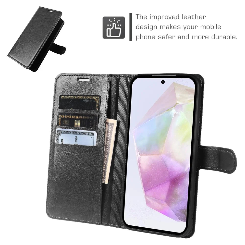 For Samsung Galaxy A55 5G Wallet Case Crazy Horse Texture Leather Flip Phone Cover with Magnetic Closure - Black - 3