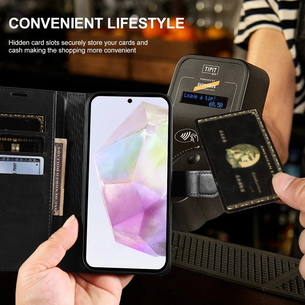 For Samsung Galaxy A55 5G Wallet Case Crazy Horse Texture Leather Flip Phone Cover with Magnetic Closure - Black - 4