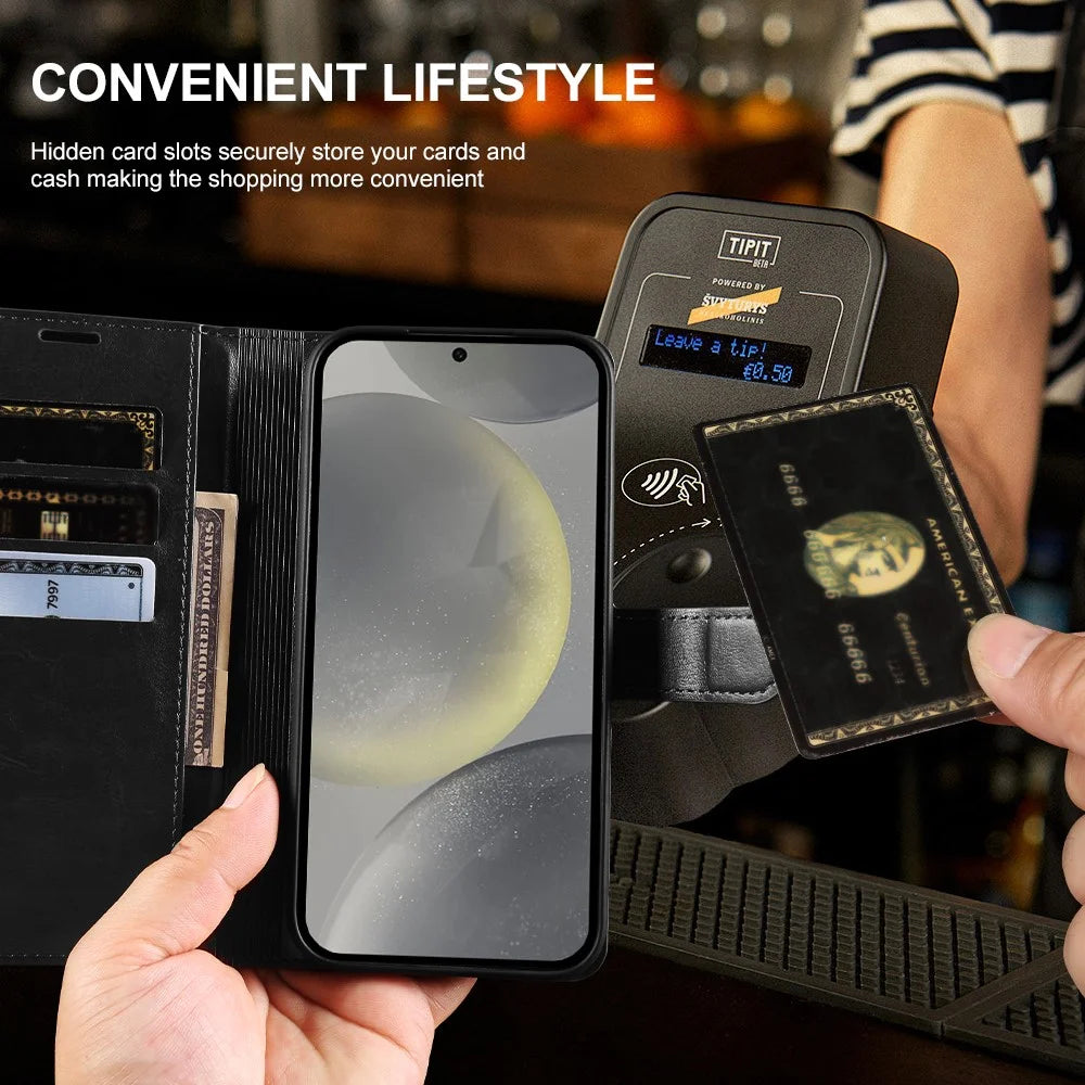 For Samsung Galaxy S24+ Wallet Case Crazy Horse Texture Leather Flip Phone Cover with Magnetic Closure - Black - 4
