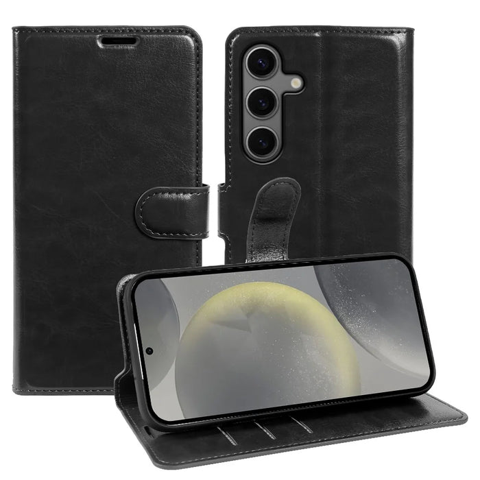 For Samsung Galaxy S24 Wallet Case Crazy Horse Texture Leather Flip Phone Cover with Magnetic Closure - Black - 1