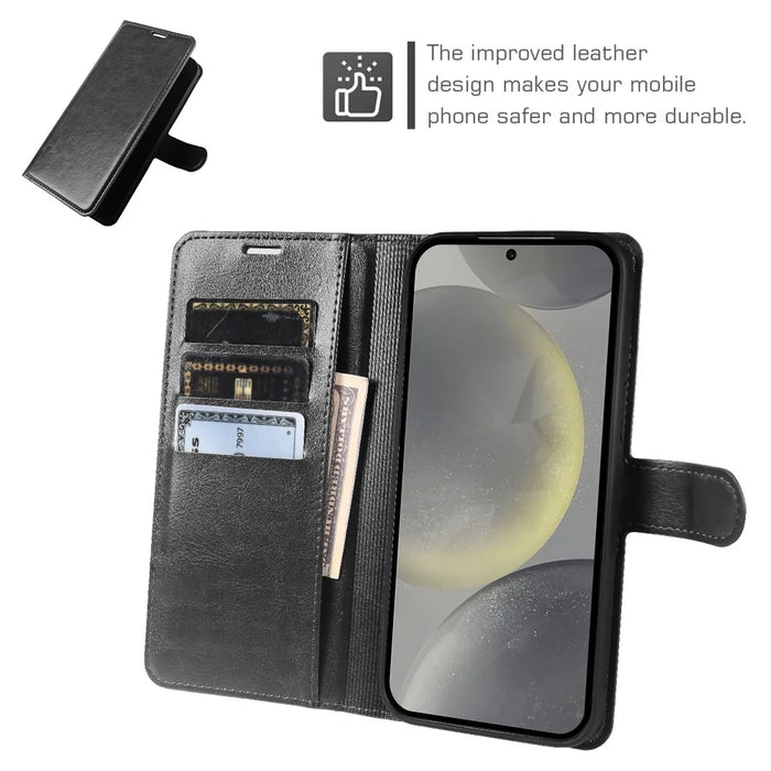 For Samsung Galaxy S24 Wallet Case Crazy Horse Texture Leather Flip Phone Cover with Magnetic Closure - Black - 3