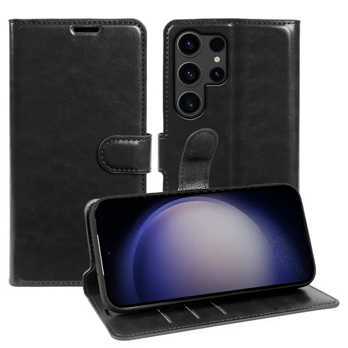 For Samsung Galaxy S23 Ultra Wallet Case Crazy Horse Texture Leather Flip Phone Cover with Magnetic Closure - Black - 1