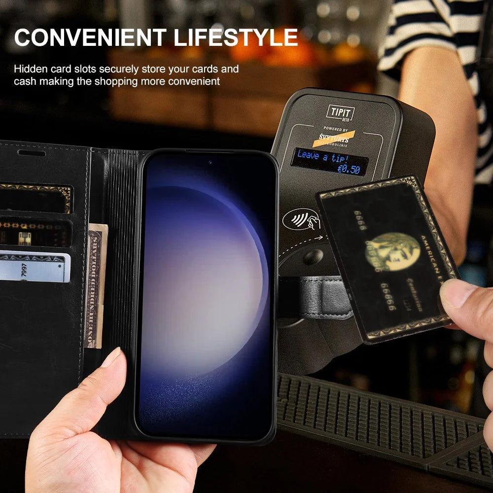 For Samsung Galaxy S23 Ultra Wallet Case Crazy Horse Texture Leather Flip Phone Cover with Magnetic Closure - Black - 4