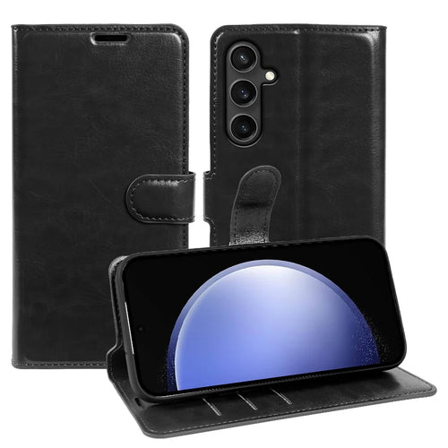 For Samsung Galaxy S23 FE Wallet Case Crazy Horse Texture Leather Flip Phone Cover with Magnetic Closure - Black - 1