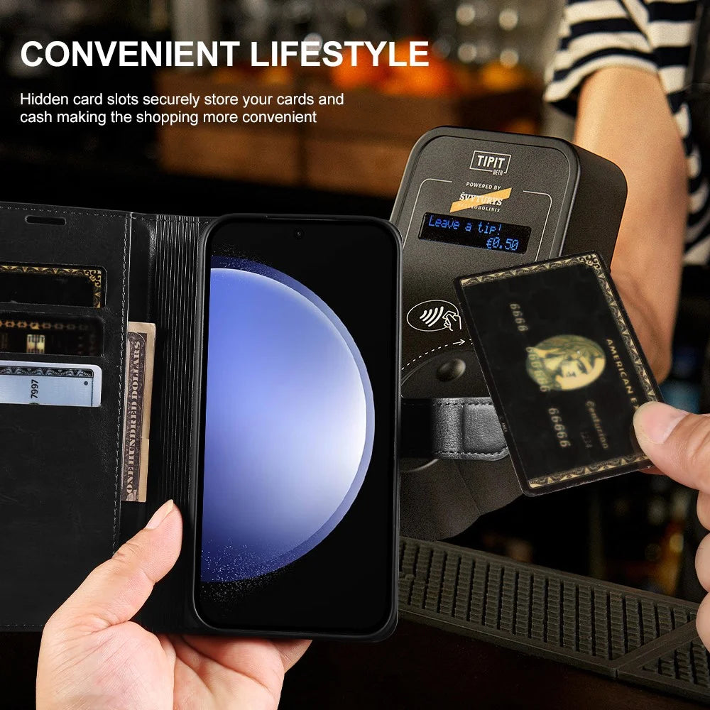 For Samsung Galaxy S23 FE Wallet Case Crazy Horse Texture Leather Flip Phone Cover with Magnetic Closure - Black - 4