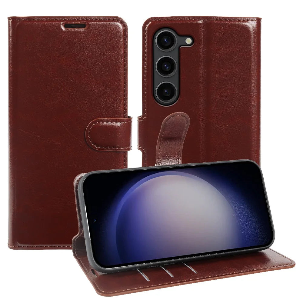 For Samsung Galaxy S23 Wallet Case Crazy Horse Texture Leather Flip Phone Cover with Magnetic Closure - Brown - 1