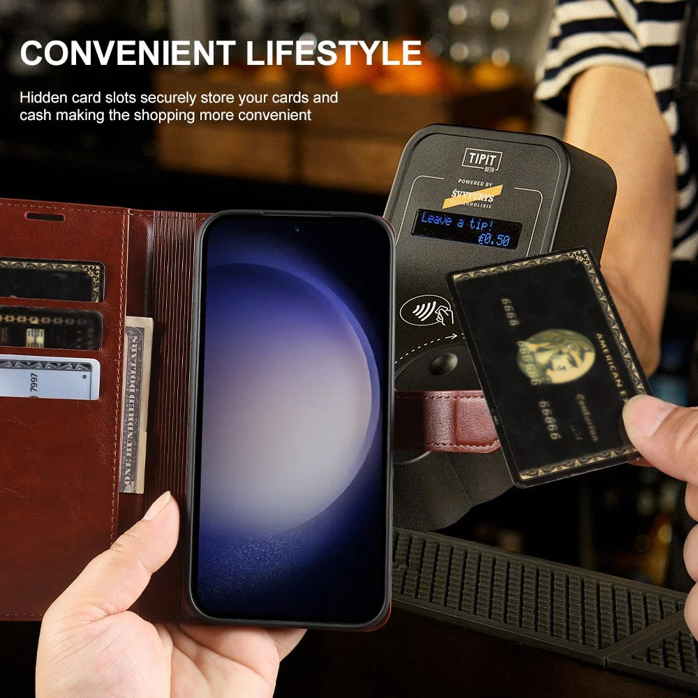 For Samsung Galaxy S23 Wallet Case Crazy Horse Texture Leather Flip Phone Cover with Magnetic Closure - Brown - 4