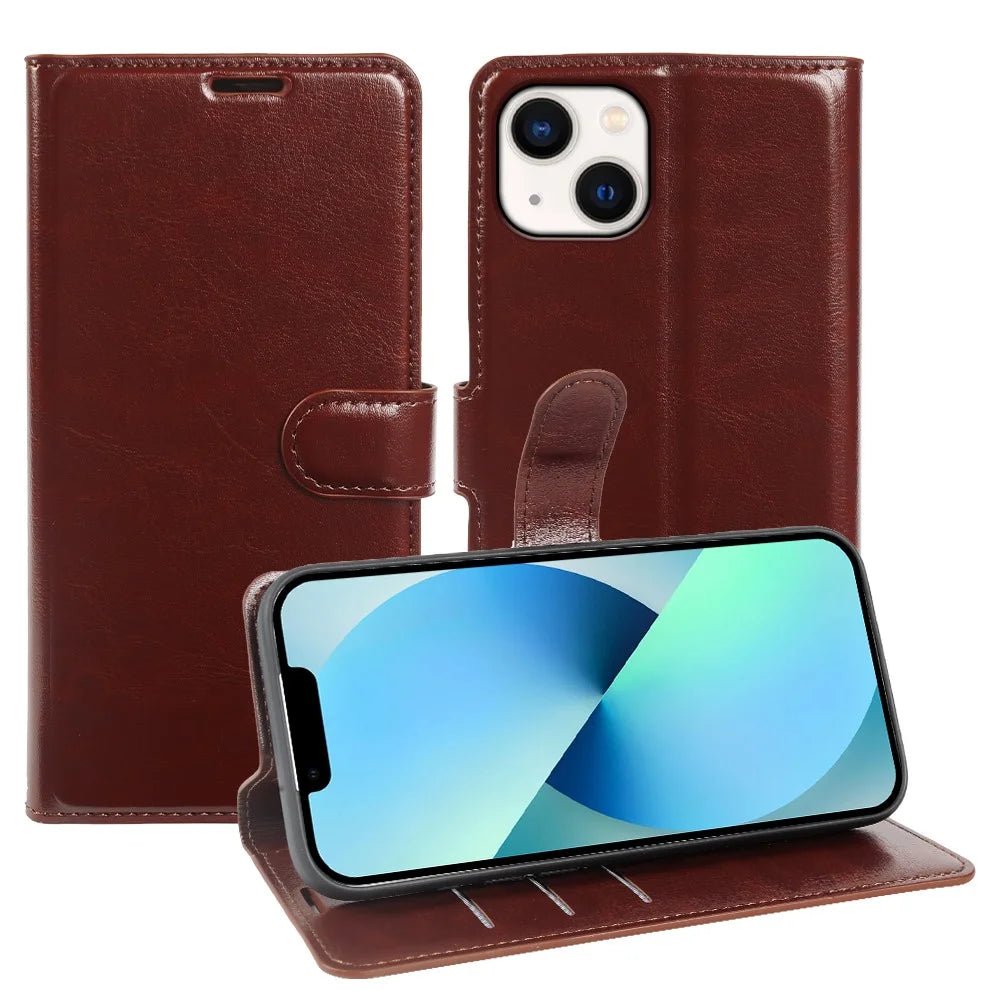 For iPhone 13 Wallet Case Crazy Horse Texture Leather Flip Phone Cover with Magnetic Closure - Brown - 1