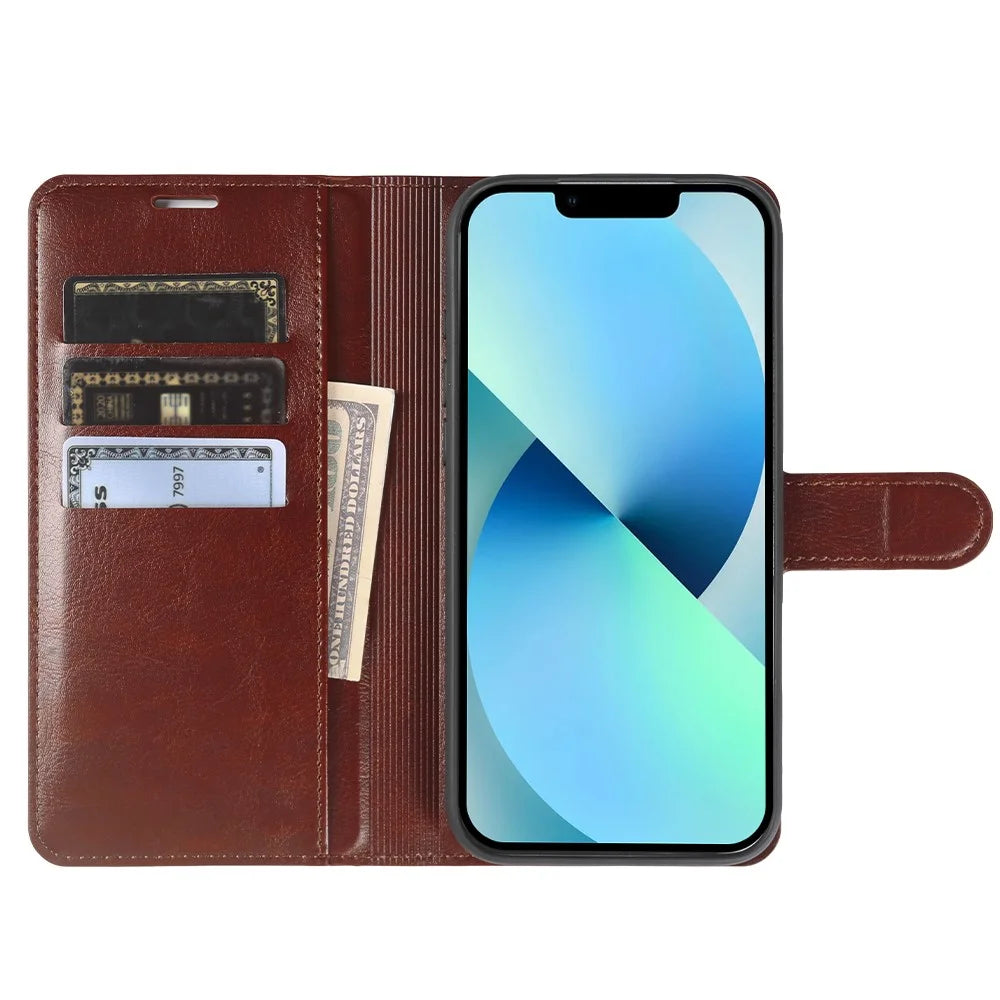 For iPhone 13 Wallet Case Crazy Horse Texture Leather Flip Phone Cover with Magnetic Closure - Brown - 2