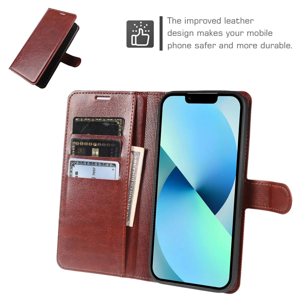 For iPhone 13 Wallet Case Crazy Horse Texture Leather Flip Phone Cover with Magnetic Closure - Brown - 3
