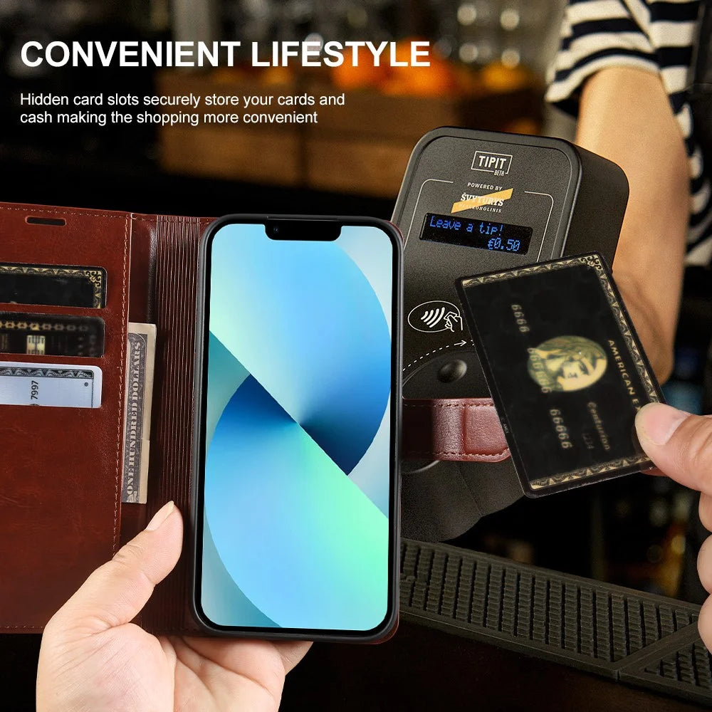For iPhone 13 Wallet Case Crazy Horse Texture Leather Flip Phone Cover with Magnetic Closure - Brown - 4