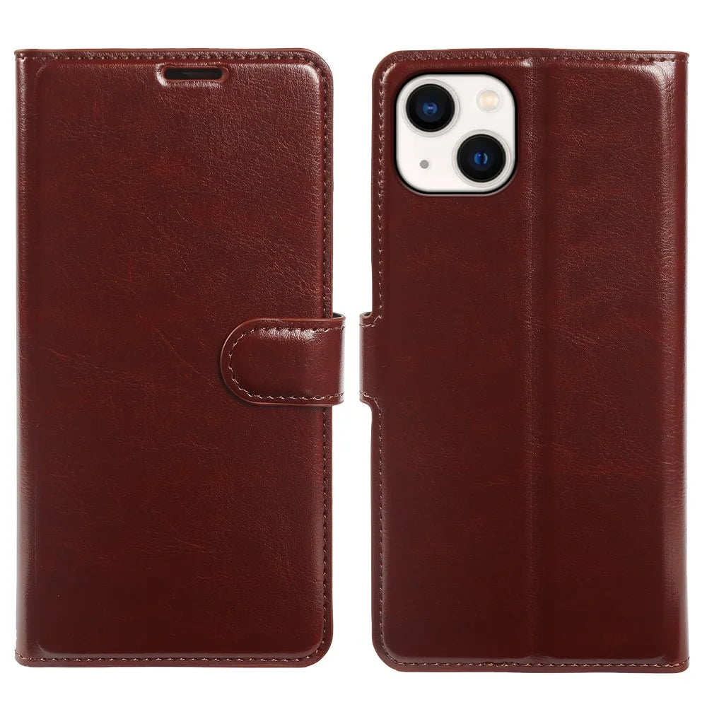 For iPhone 13 Wallet Case Crazy Horse Texture Leather Flip Phone Cover with Magnetic Closure - Brown - 5