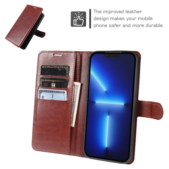 For iPhone 13 Pro Wallet Case Crazy Horse Texture Leather Flip Phone Cover with Magnetic Closure - Brown - 3