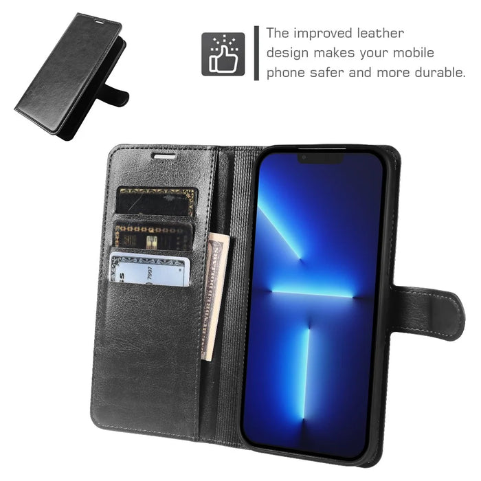 For iPhone 13 Pro Max Wallet Case Crazy Horse Texture Leather Flip Phone Cover with Magnetic Closure - Black - 3