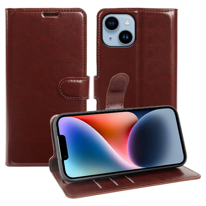 For iPhone 14 Plus Wallet Case Crazy Horse Texture Leather Flip Phone Cover with Magnetic Closure - Brown - 1