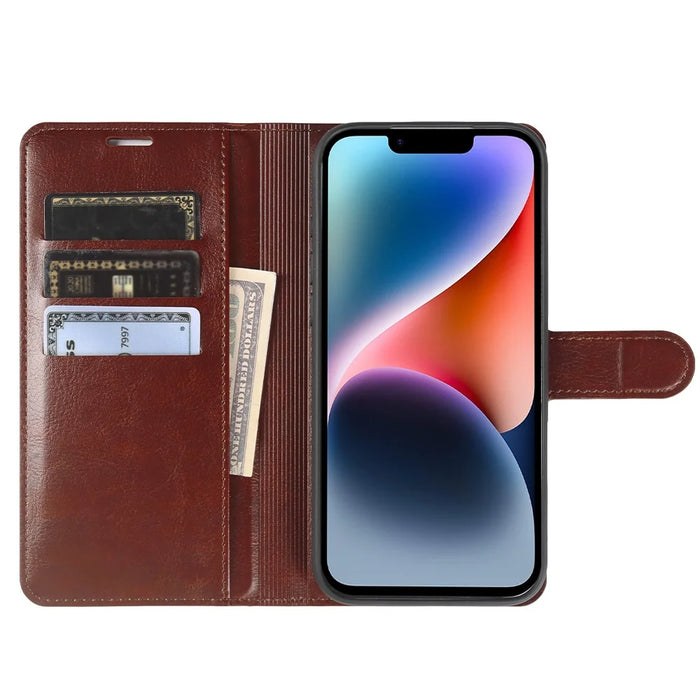 For iPhone 14 Plus Wallet Case Crazy Horse Texture Leather Flip Phone Cover with Magnetic Closure - Brown - 2