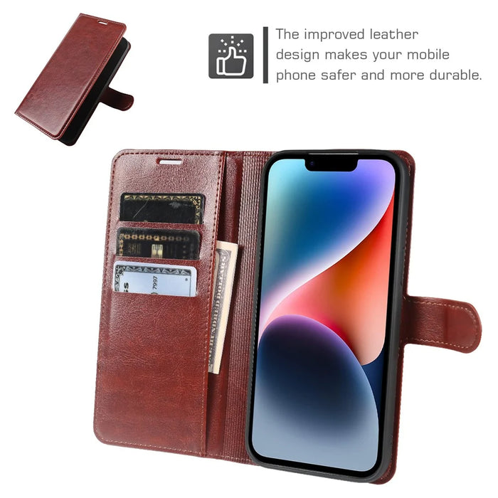 For iPhone 14 Plus Wallet Case Crazy Horse Texture Leather Flip Phone Cover with Magnetic Closure - Brown - 3