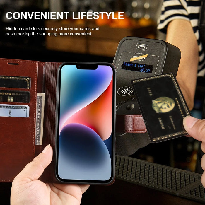 For iPhone 14 Plus Wallet Case Crazy Horse Texture Leather Flip Phone Cover with Magnetic Closure - Brown - 4