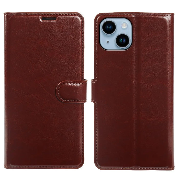 For iPhone 14 Plus Wallet Case Crazy Horse Texture Leather Flip Phone Cover with Magnetic Closure - Brown - 5